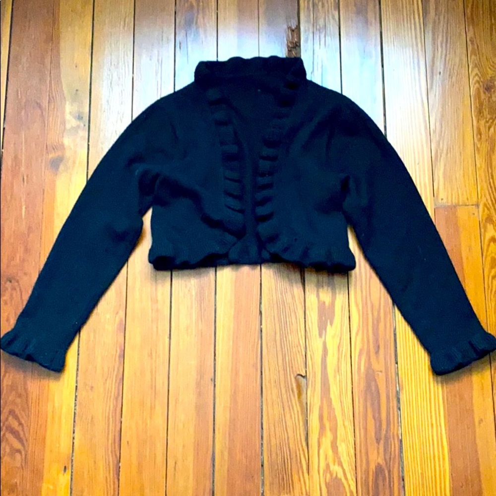 Girls 100% Cashmere Black L/S Ruffle Trim Shrug